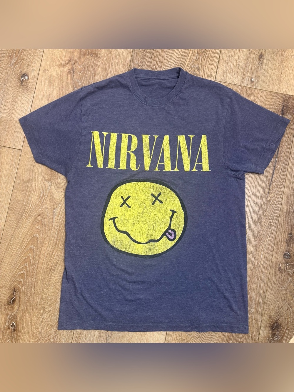 Nirvana Smiley Face Graphic T Shirt Navy Blue Yellow Grunge Rock Band Tee 90s